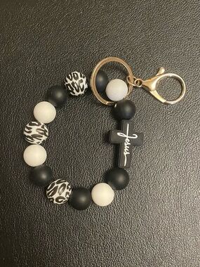 Black & White Beaded Cross Keychain Wristlet